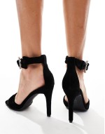 stiletto heeled sandals with embellished buckle in black velvet